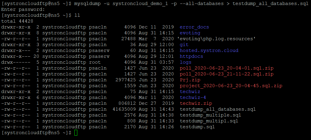 mysqldump all databases backup command screenshot