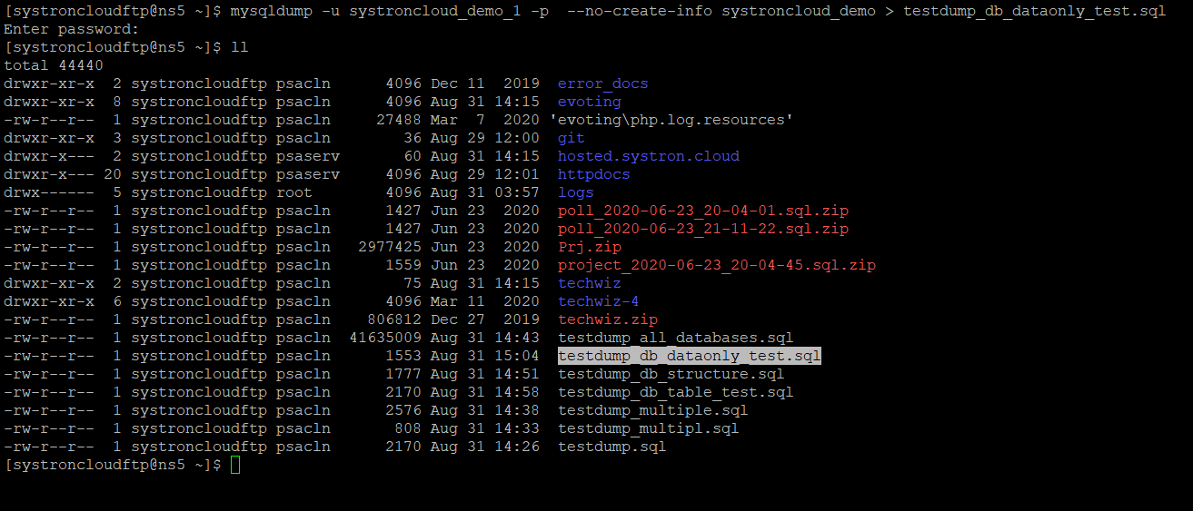 mysqldump database data backup command screenshot