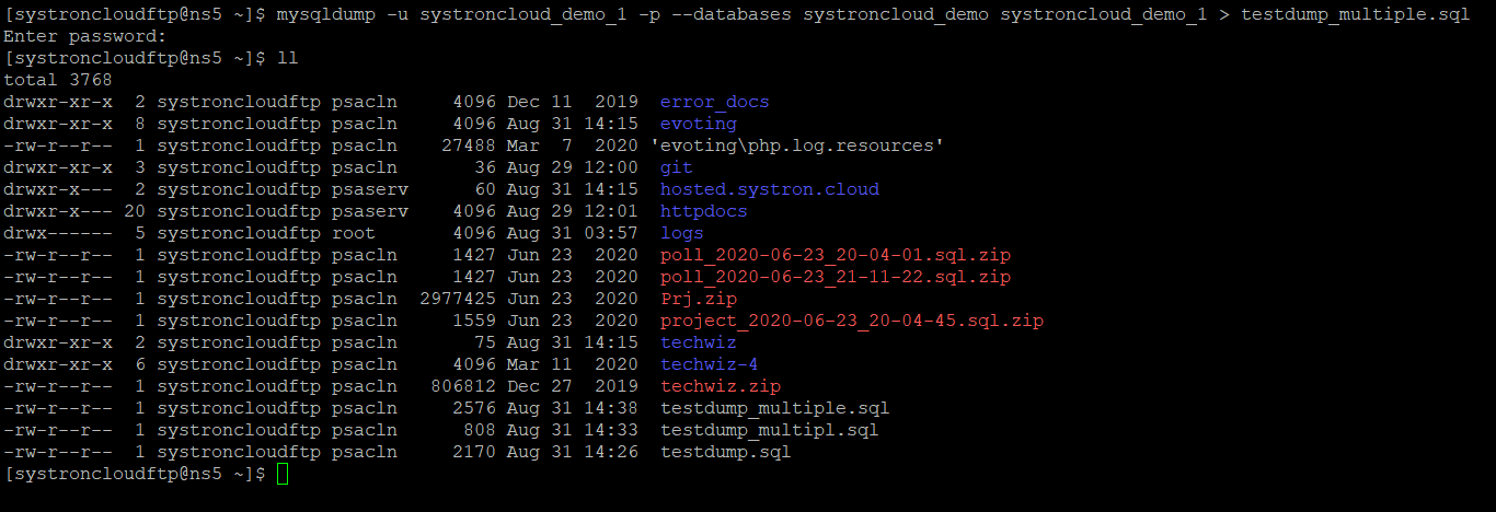 mysqldump multiple databases backup command screenshot