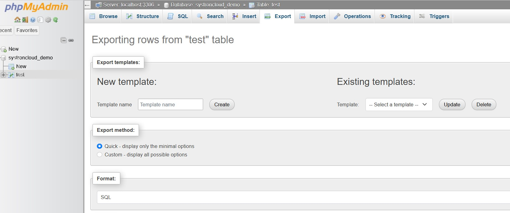 phpMyAdmin backup screenshot