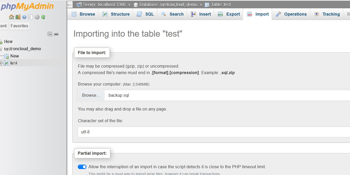 phpMyAdmin restore screenshot