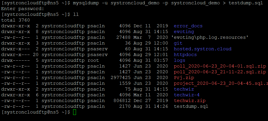 mysqldump single database backup command screenshot