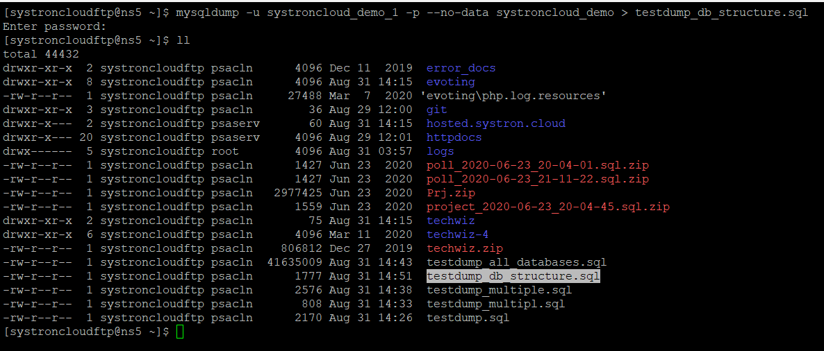 mysqldump database structure backup command screenshot