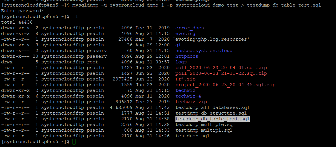 mysqldump specific table backup command screenshot